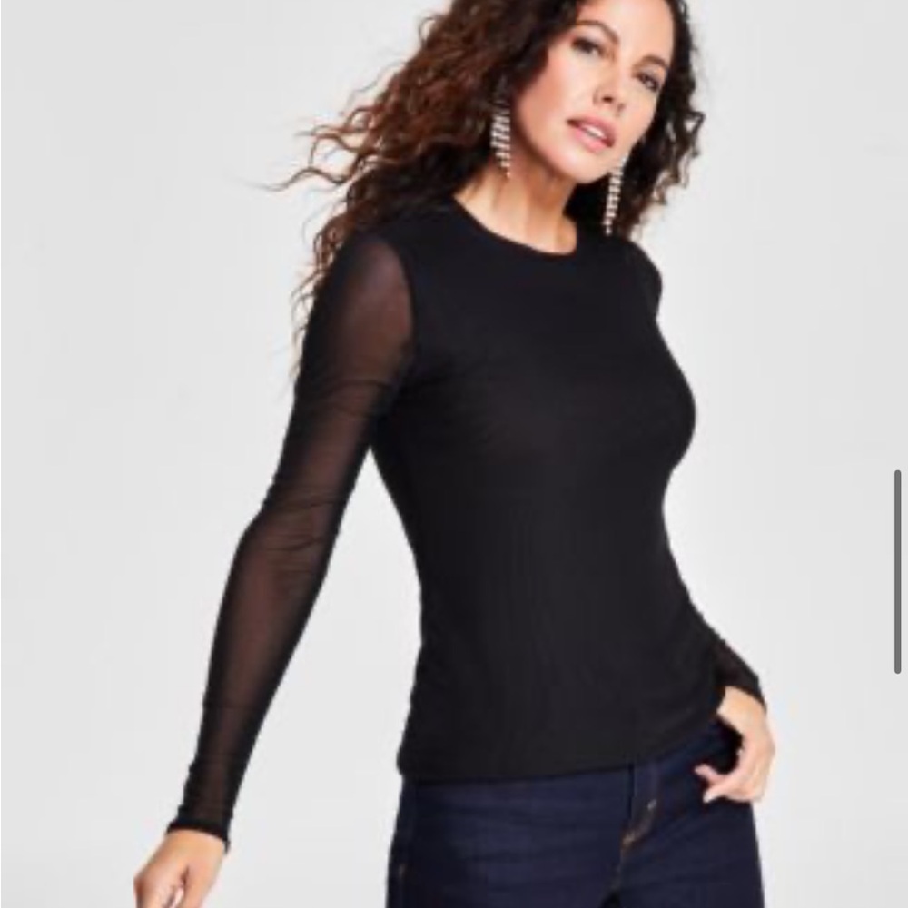 INC International Concepts Black Sheer Sleeve Blouse